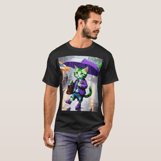 雨の中の基本的魅力的な暗いTシャツ猫 Tシャツ (正面フル)