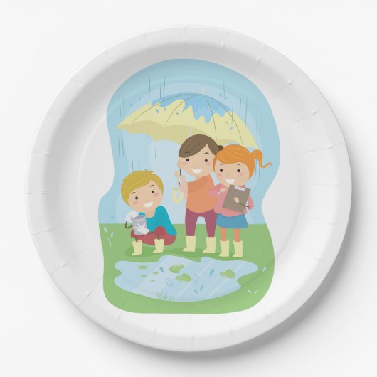 雨の中の子供たちの科学自然研究 ペーパープレート (正面)
