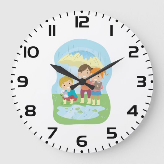 雨の中の子供たちの科学自然研究 ラージ壁時計 (正面)