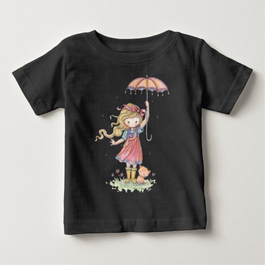 雨の中の小さな女の子と子猫のベビーボディスーツ ベビーTシャツ (正面)