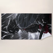 雨の中の暗黒サムライ戦士イラスト ビーチタオル (正面)