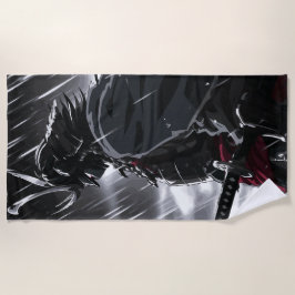 雨の中の暗黒サムライ戦士イラスト ビーチタオル