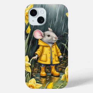 雨の中の水仙の庭にネズミ iPhone 15ケース