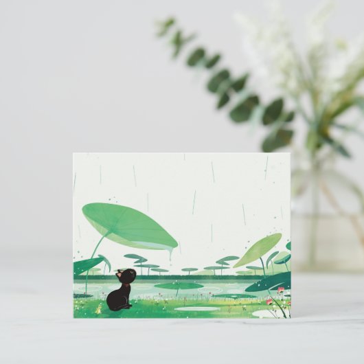 雨の中の水色のネコのカエル シーズンポストカード (スタンド正面)