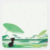 雨の中の水色のネコのカエル スクエアシール (正面)