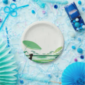 雨の中の水色のネコのカエル ペーパープレート (パーティー)