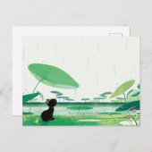 雨の中の水色のネコのカエル 案内ポストカード (正面/裏面)