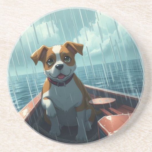 雨の中の海のボートに乗る犬 コースター (正面)