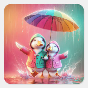 雨の中の白アヒル歩く スクエアシール
