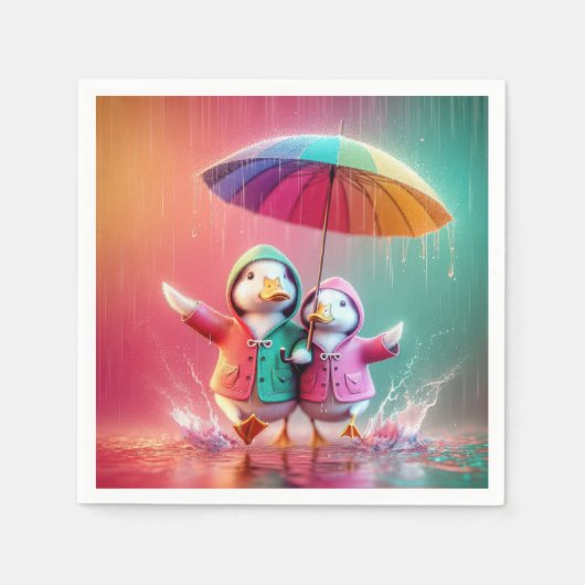 雨の中の白アヒル歩く スタンダードカクテルナプキン (正面)