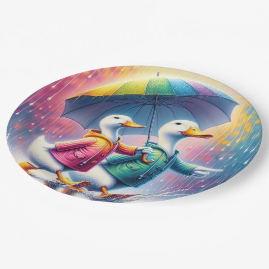 雨の中の白アヒル歩く ペーパープレート (アングル)