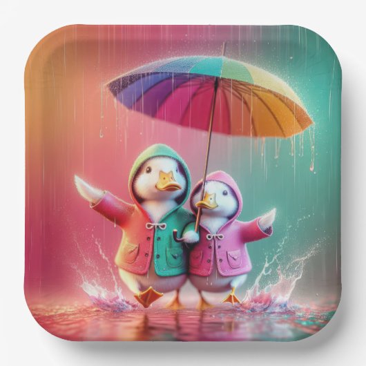 雨の中の白アヒル歩く ペーパープレート (正面)