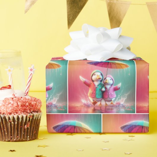 雨の中の白アヒル歩く ラッピングペーパー (誕生日パーティー)