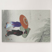 雨の中の着物の日本女性のビンテージアート ジグソーパズル (横)