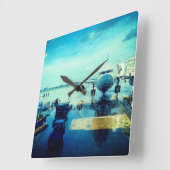 雨の中の空港 スクエア壁時計 (傾斜)