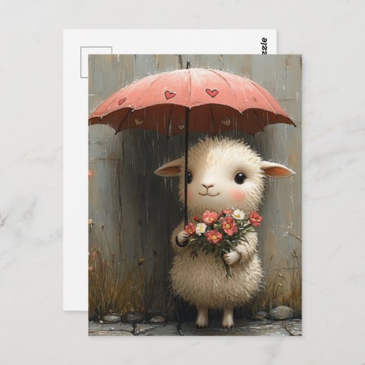 雨の中の花と傘で囲んだ小羊 ポストカード (正面/裏面)