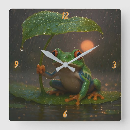 雨の中の葉っぱの傘のアカメアマガエル スクエア壁時計 (正面)