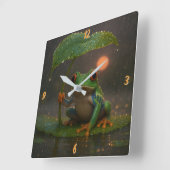 雨の中の葉っぱの傘のアカメアマガエル スクエア壁時計 (傾斜)