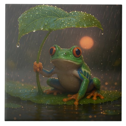 雨の中の葉っぱの傘のアカメアマガエル タイル (正面)