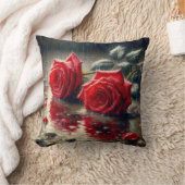 雨の中の赤いバラ クッション (ブランケット)
