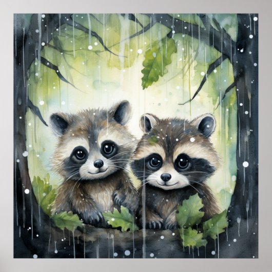 雨の中の2匹のアライグマの赤ちゃん ポスター (正面)