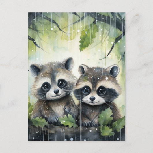 雨の中の2匹のアライグマの赤ちゃん ポストカード (正面)