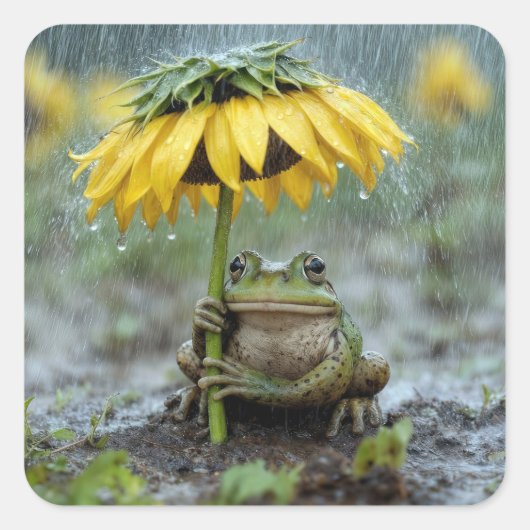 雨の中ひまわりの傘の下のカエル スクエアシール (正面)