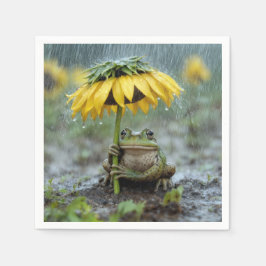 雨の中ひまわりの傘の下のカエル スタンダードカクテルナプキン