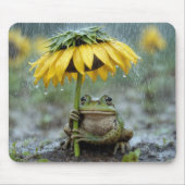 雨の中ひまわりの傘の下のカエル マウスパッド (正面)