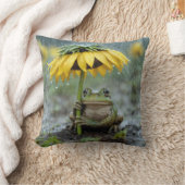 雨の中ひまわり傘の下のカエル クッション (ブランケット)