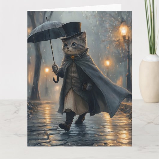 雨の中を傘でぶらぶら歩くダッパー猫 カード (正面)