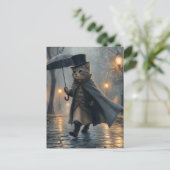 雨の中を傘でぶらぶら歩くダッパー猫 ポストカード (スタンド正面)