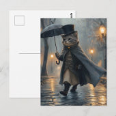雨の中を傘でぶらぶら歩くダッパー猫 ポストカード (正面/裏面)