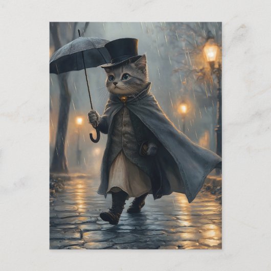雨の中を傘でぶらぶら歩くダッパー猫 ポストカード (正面)