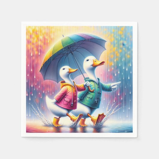 雨の中を歩く白いアヒル スタンダードカクテルナプキン (正面)