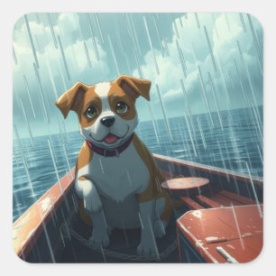 雨の中を航行するボート上の犬 スクエアシール