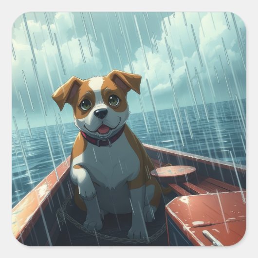 雨の中を航行するボート上の犬 スクエアシール (正面)