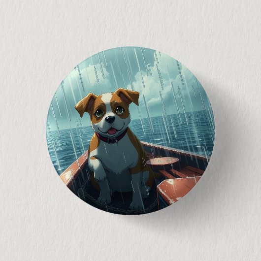 雨の中を航行するボート上の犬 缶バッジ (正面)