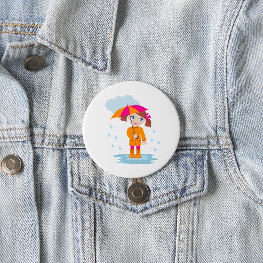 雨の中傘をさした女の子 キッズ 雨の日 缶バッジ