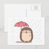 雨の中傘を持つ悲しいハリネズミ ポストカード (正面/裏面)