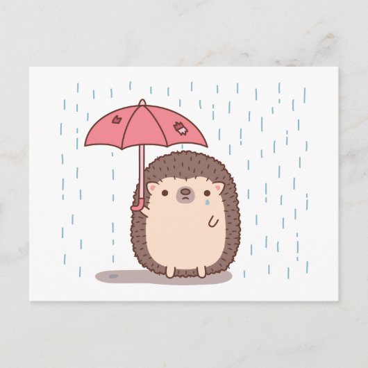 雨の中傘を持つ悲しいハリネズミ ポストカード (正面)