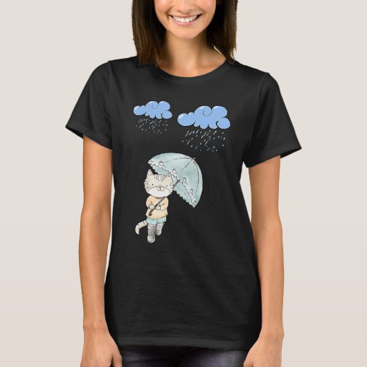 雨の中傘を持つ猫 Tシャツ (正面)