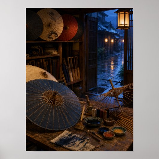 雨の和紙傘工房 12x16 ポスター (正面)