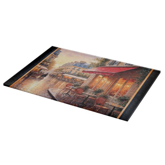 雨の多い町のカフェに金色の夕日の光 カッティングボード (角)