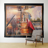 雨の多い町のカフェに金色の夕日の光 タペストリー (インサイチュ(横))