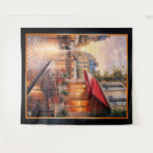 雨の多い町のカフェに金色の夕日の光 タペストリー (正面(横))