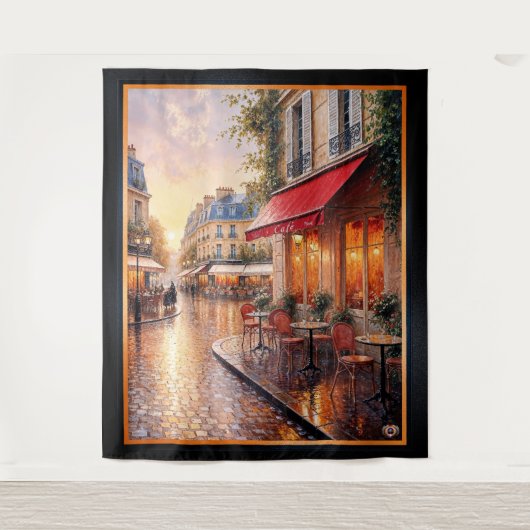 雨の多い町のカフェに金色の夕日の光 タペストリー (正面)