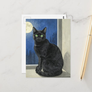 雨の夜の窓辺の黒猫 ポストカード