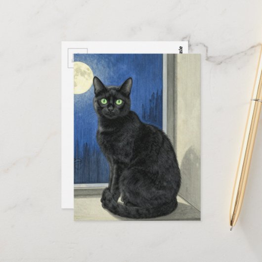 雨の夜の窓辺の黒猫 ポストカード (正面/裏面インサイチュ)
