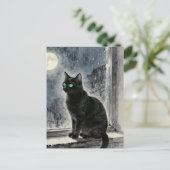 雨の夜の窓辺の黒猫 ポストカード (スタンド正面)